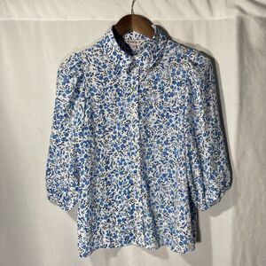 NANETTE Nanette Lepore white blue floral 3/4 sleeves button up top S